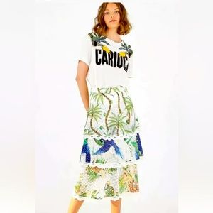 Farm Rio Kaia Mixed Palm Tiered Eyelet MIDI Skirt Size Med